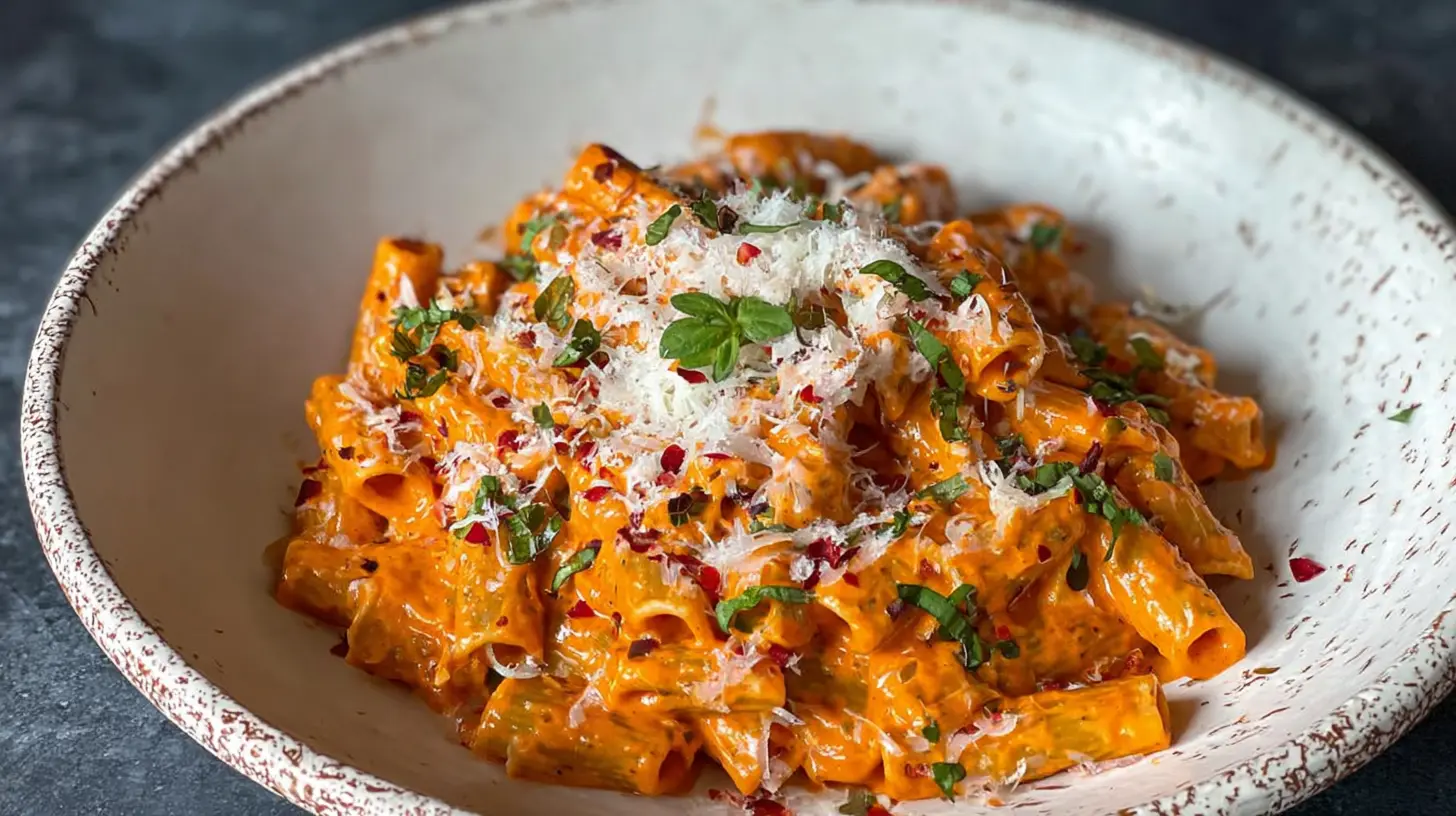 Close-up of creamy tomato garlic pasta garnished with Parmesan cheese.