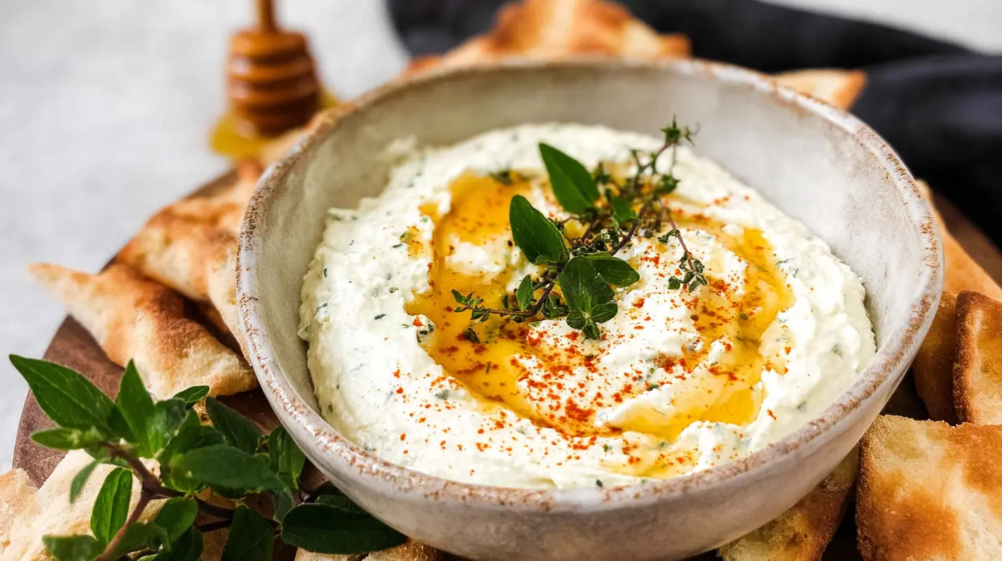 A creamy ricotta dip drizzled generously with hot honey, served in a ceramic bowl.