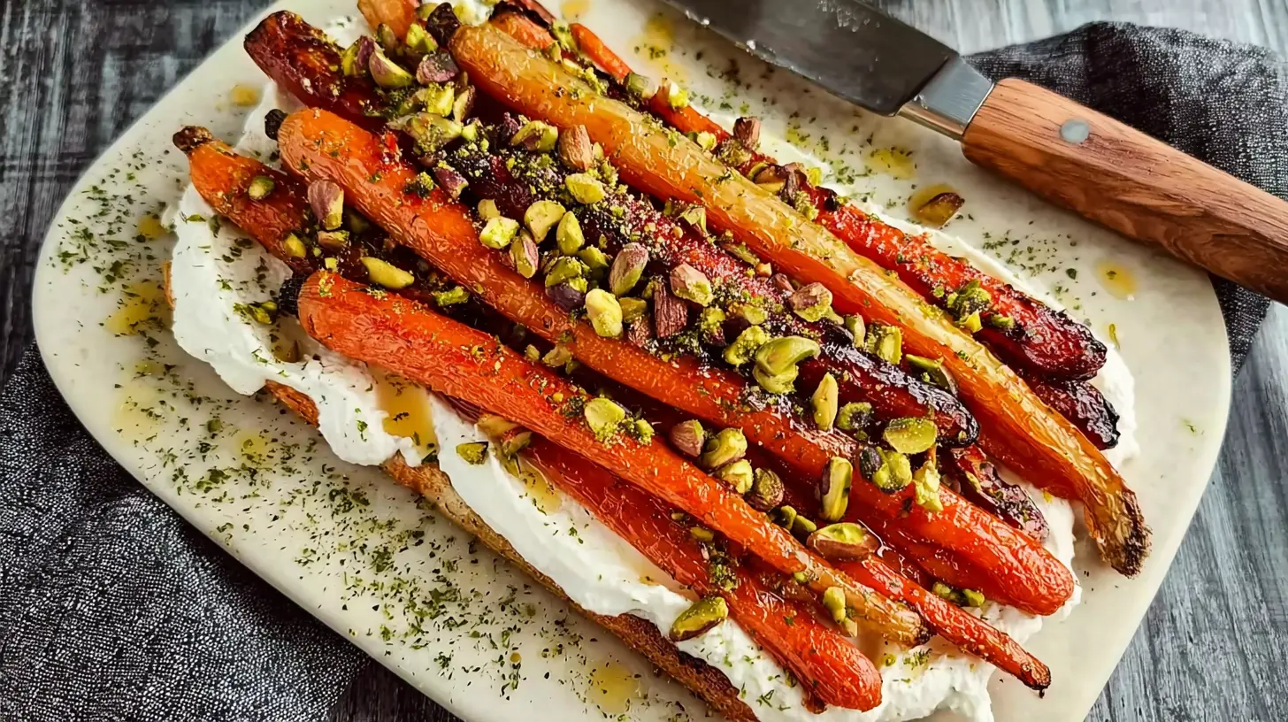 Roasted carrots with creamy whipped ricotta and a drizzle of hot honey.