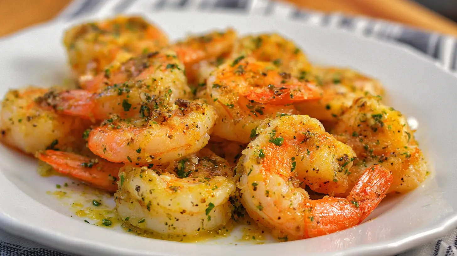 Close-up of golden brown garlic parmesan roasted shrimp