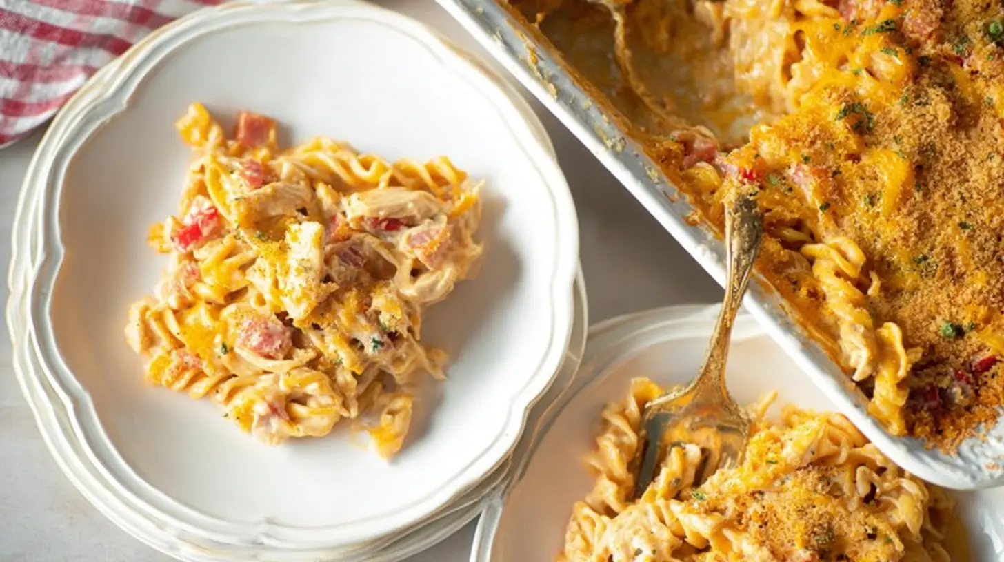A serving of Rotel chicken pasta cheese with melted cheddar