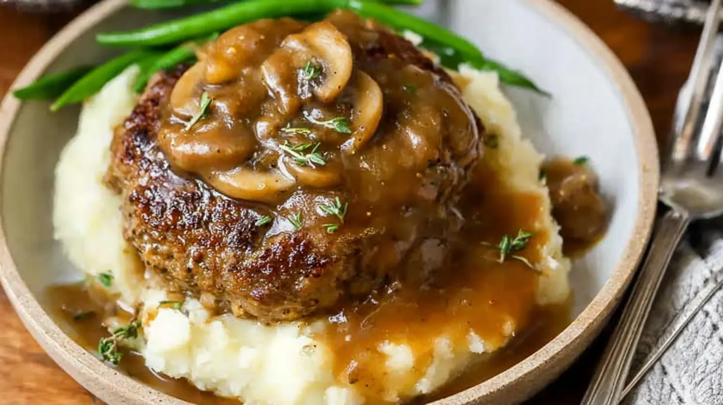 A serving of Salisbury steak and gravy with mashed potatoes.