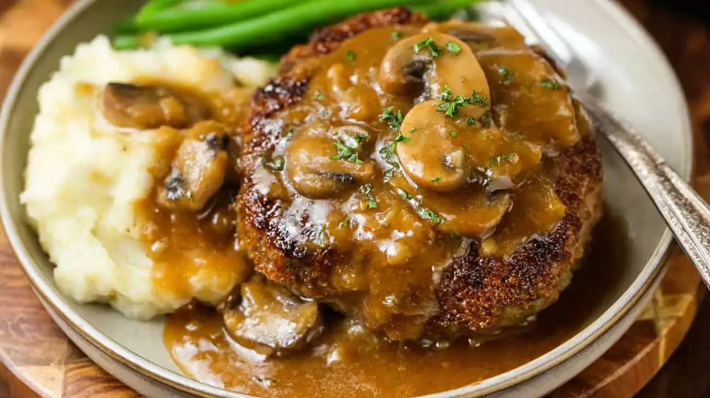 A serving of Salisbury steak and gravy with a side dish.
