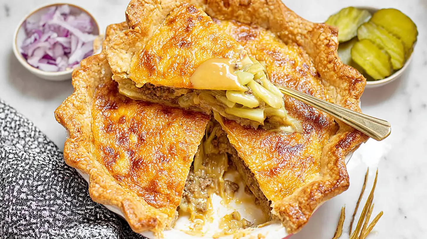 Close-up of a savory homemade cheeseburger pie, showing its delicious texture.