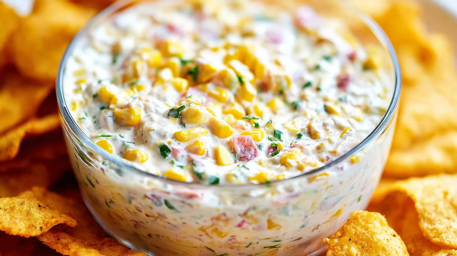 A delicious bowl of savory corn dip, ready to be served.
