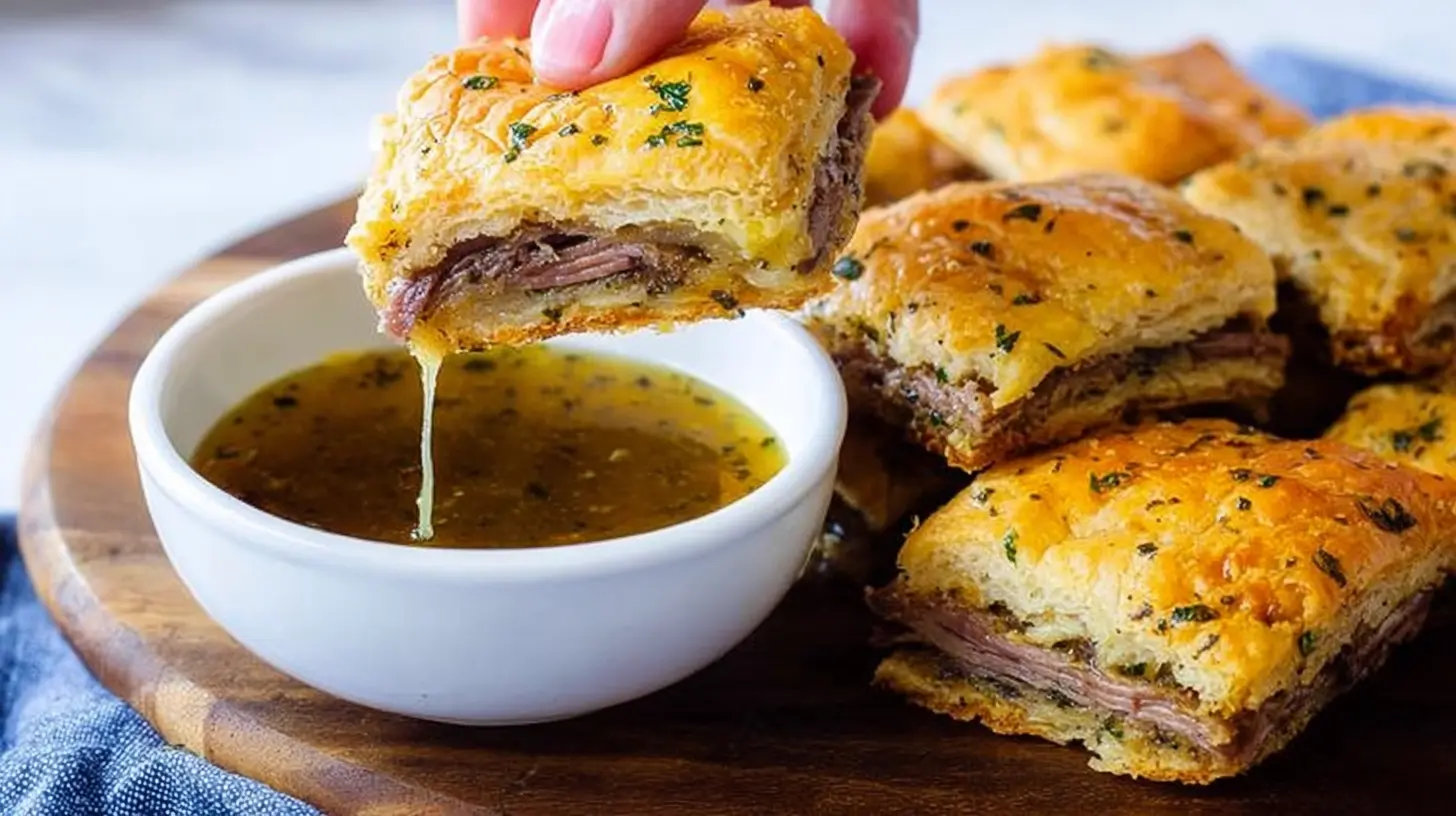 A platter of savory French Dip Squares with melted cheese and beef.