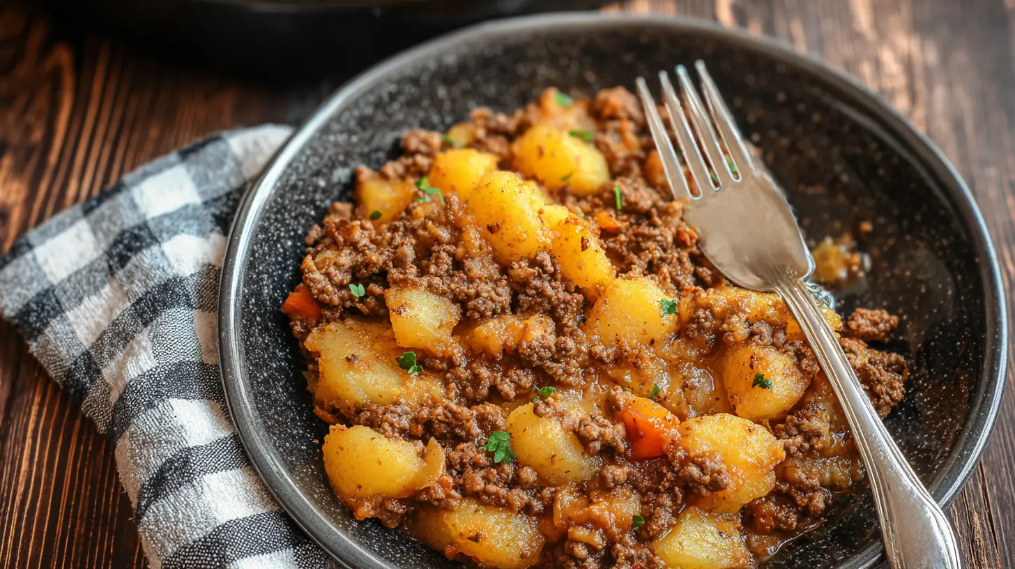 A baking dish filled with a savory hobo casserole, ready to serve.
