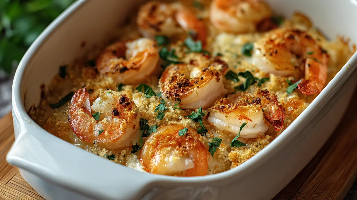 A bubbling shrimp casserole in a baking dish