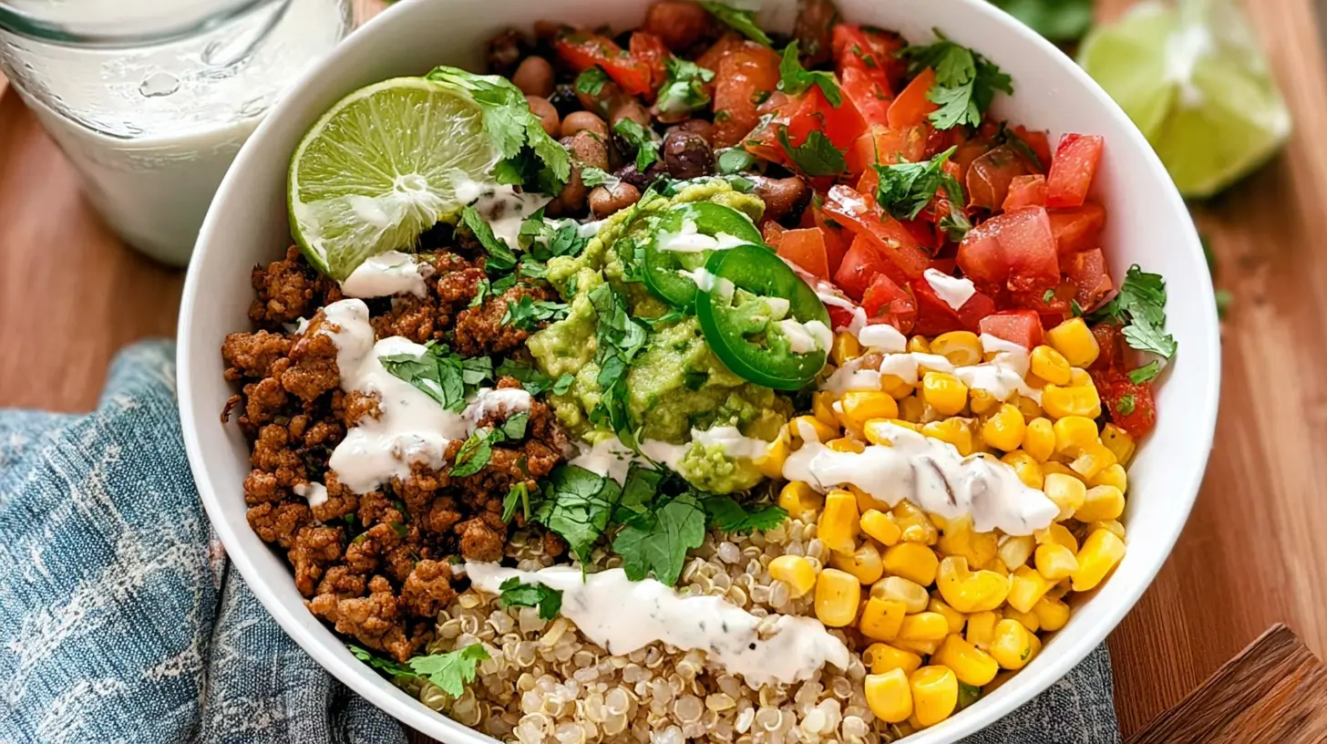 A vibrant taco rice bowl overflowing with fresh ingredients