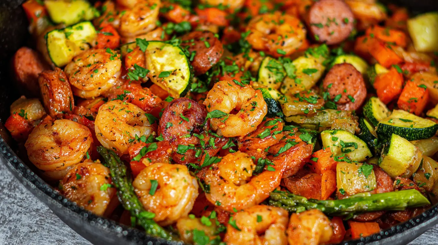 A vibrant shrimp and sausage veggie skillet filled with colorful vegetables and spices.