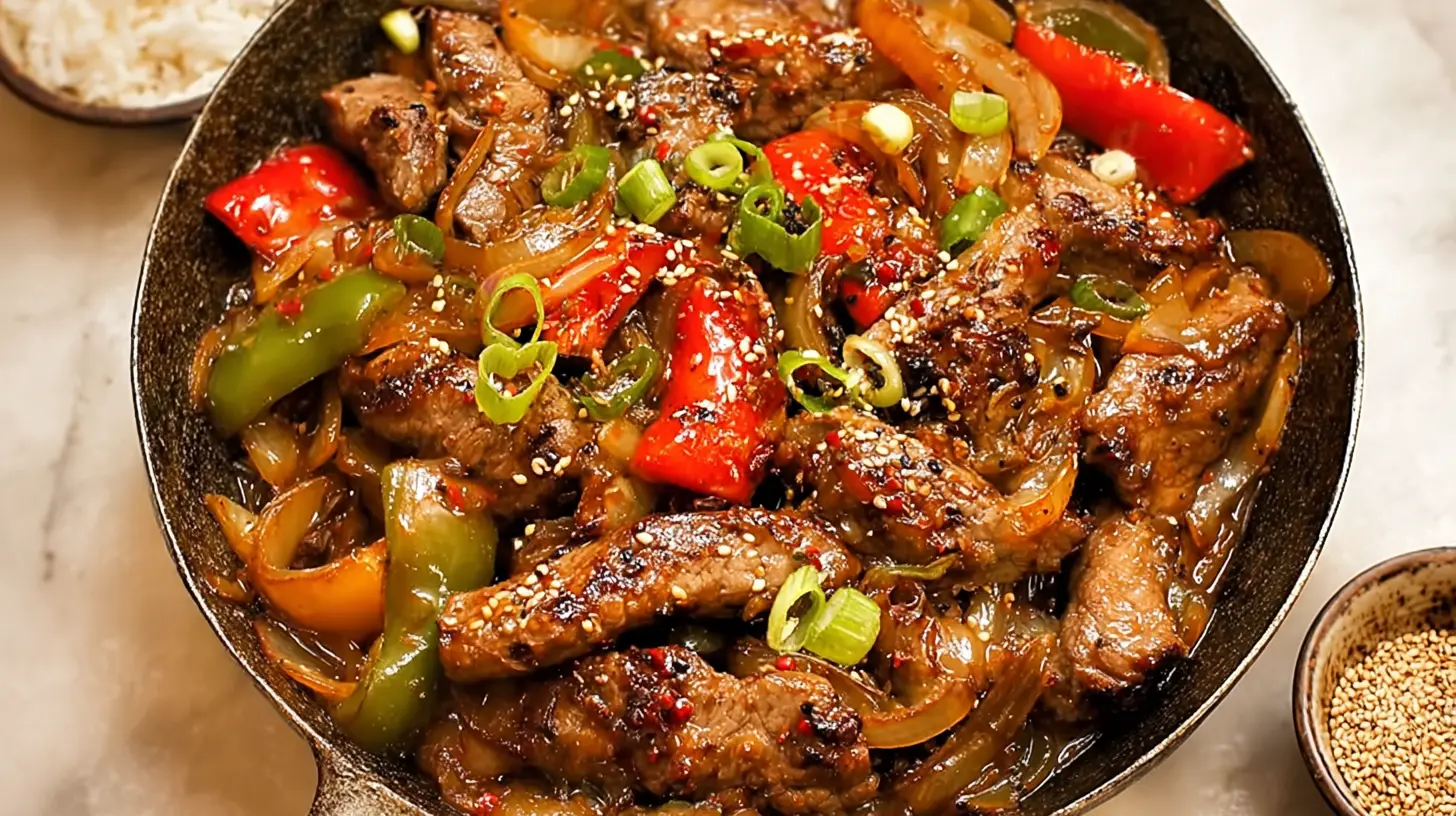 Close-up of sizzling Chinese pepper steak with tender beef and vibrant onions on a hot plate.