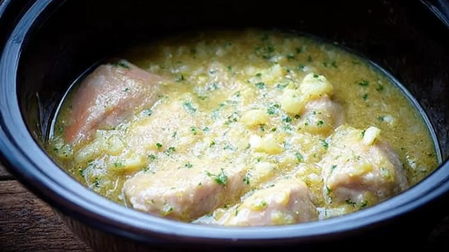 A steaming bowl of slow cooker chicken dumplings, rich with broth and vegetables and chicken.