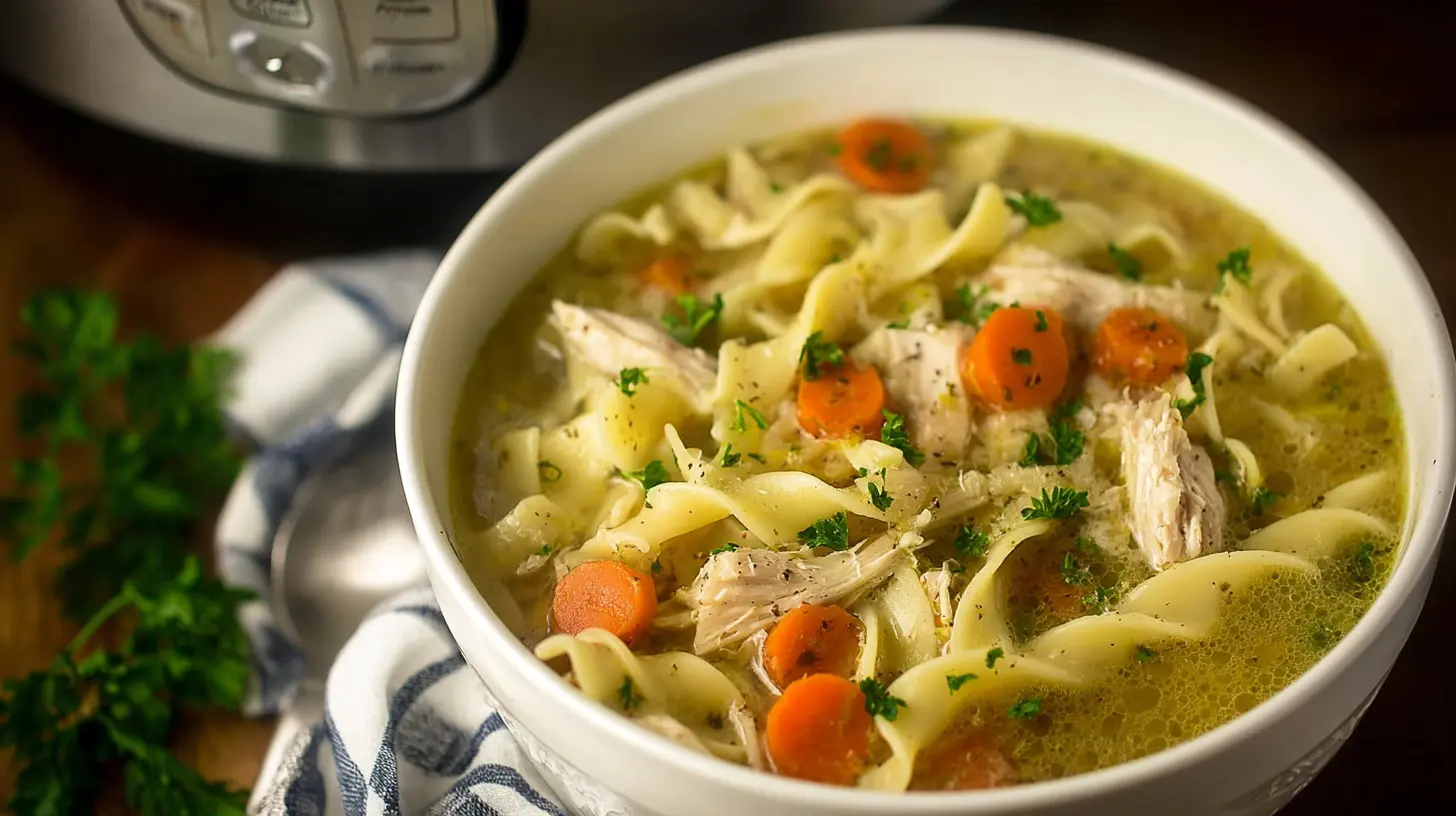 A steaming bowl of slow cooker chicken noodle soup garnished with fresh herbs