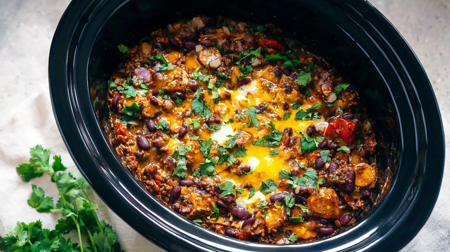 A bubbling slow cooker cowboy casserole, rich with meat and vegetables