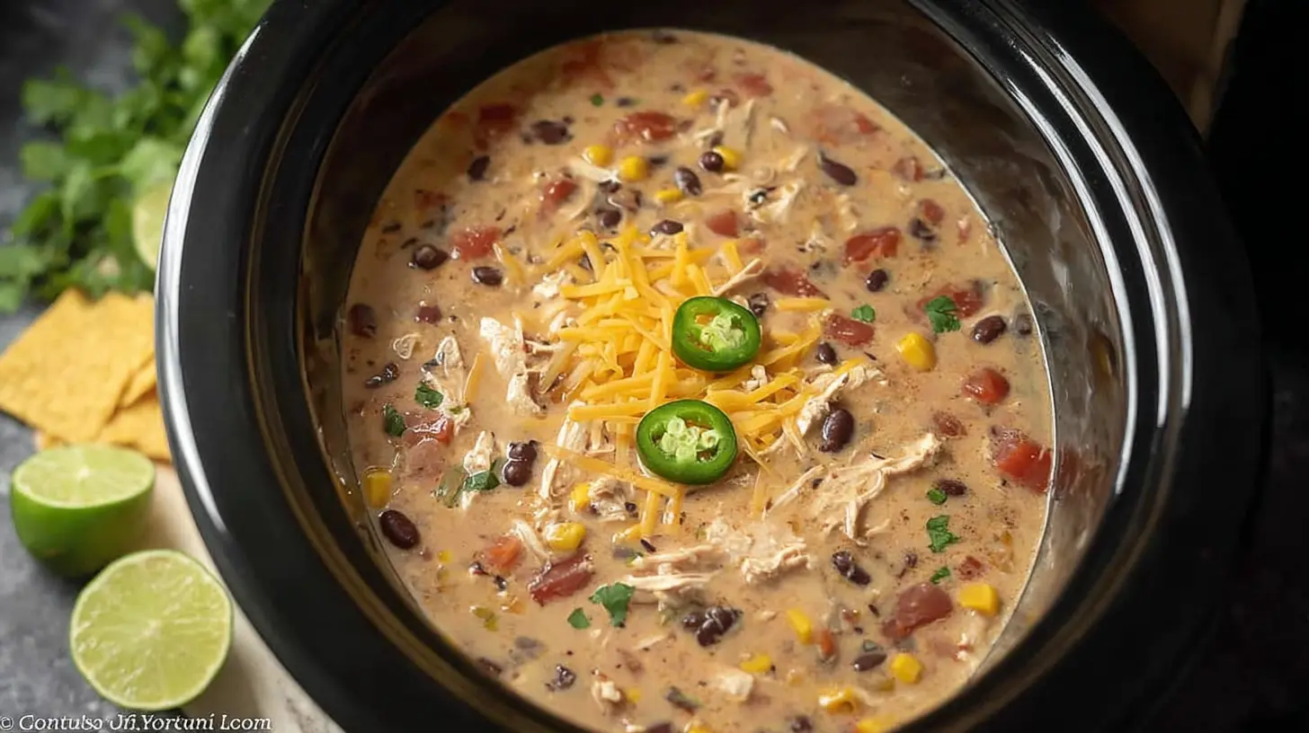 A vibrant slow cooker fiesta chicken soup, ready to serve