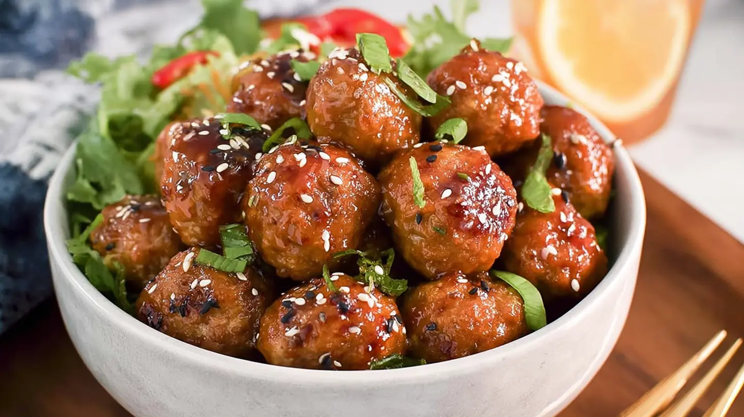A close-up of slow cooker honey garlic meatballs in a glazed sauce, garnished with sesame seeds and green onions.