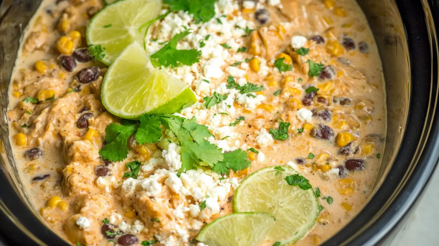 A bowl of slow cooker street corn chicken garnished with cilantro