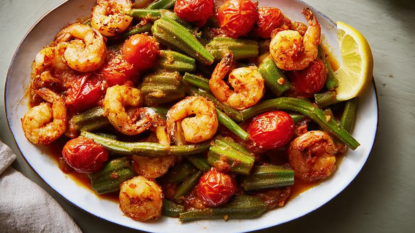 A close-up of Smothered Okra with Shrimp and Tomatoes in a rustic bowl.