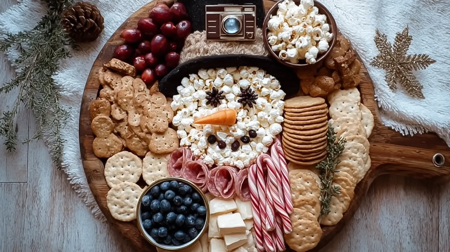 A whimsical charcuterie board shaped like a charming snowman, adorned with various cheeses and meats.
