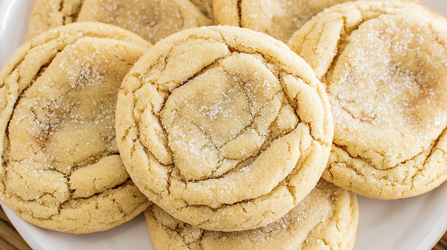 A plate of soft and chewy sugar cookies, sprinkled with sugar.