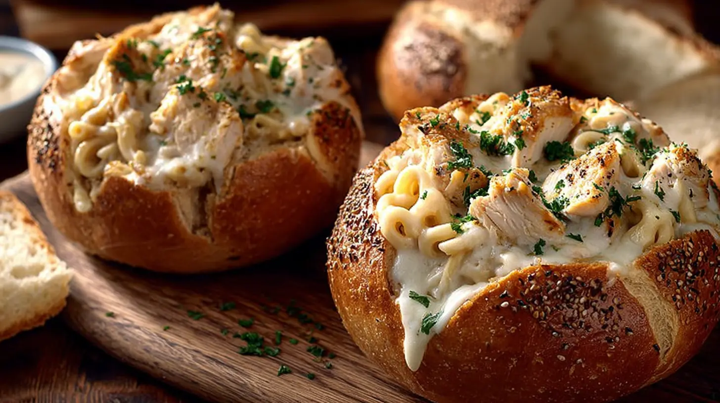 Spaghetti served in a baked garlic bread bowl