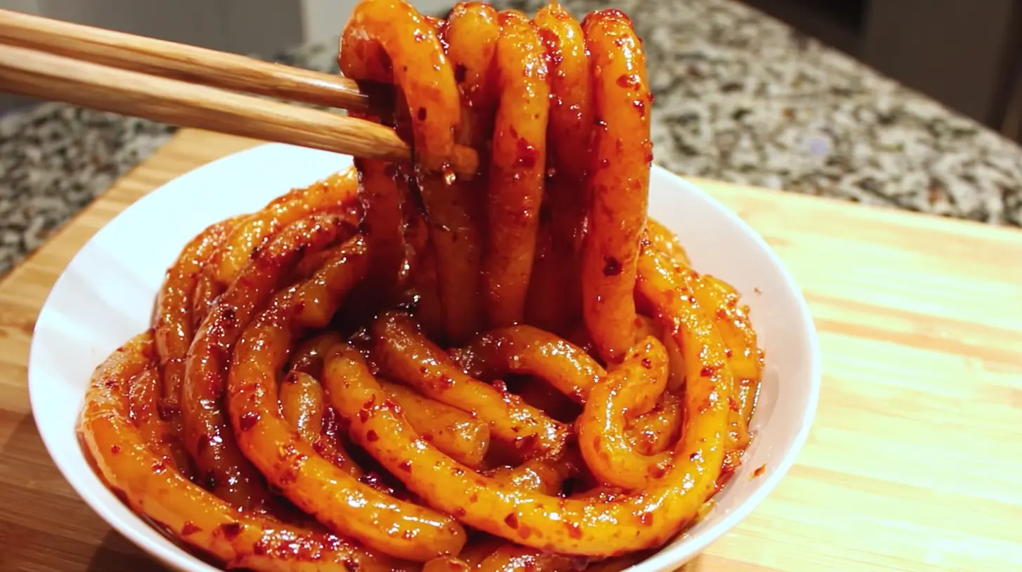 A close-up of a bowl of spicy potato noodles garnished with fresh herbs