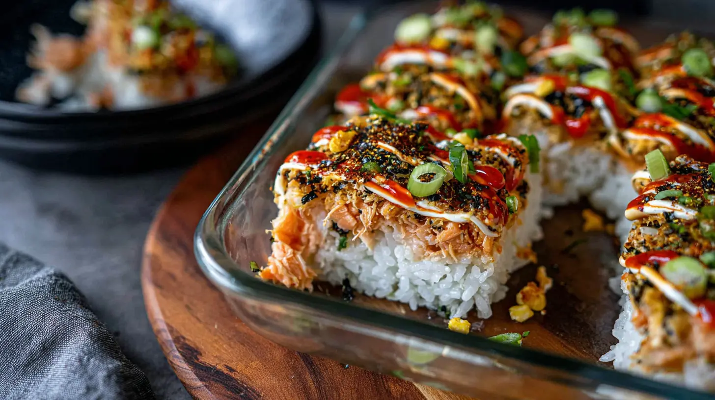 A delicious spicy salmon sushi bake in a casserole dish