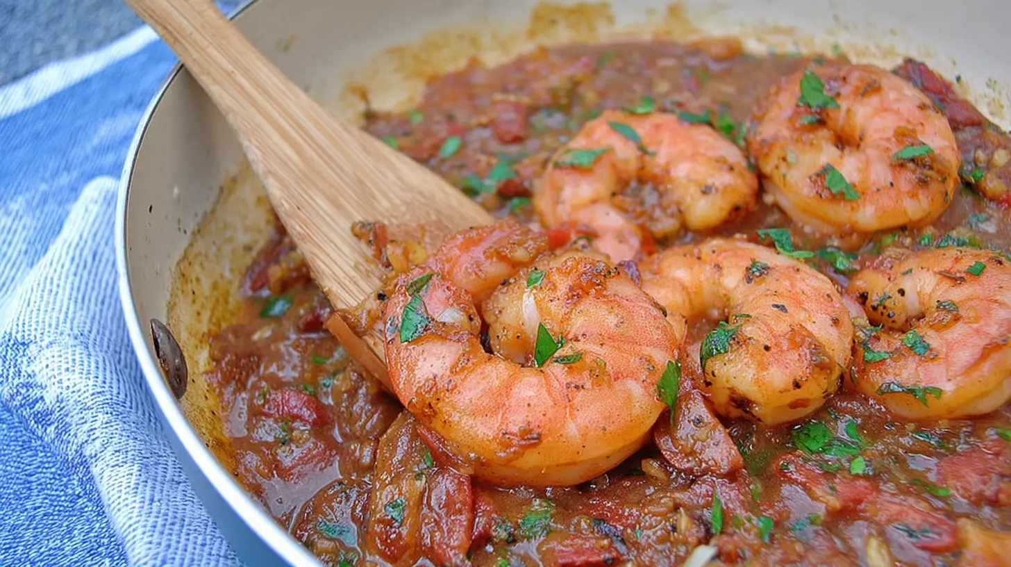 Plate of spicy voodoo shrimp with vibrant sauce and herbs