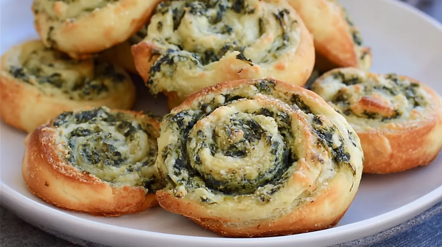 A platter of golden-baked spinach dip in bite-sized pinwheels, ready to serve.