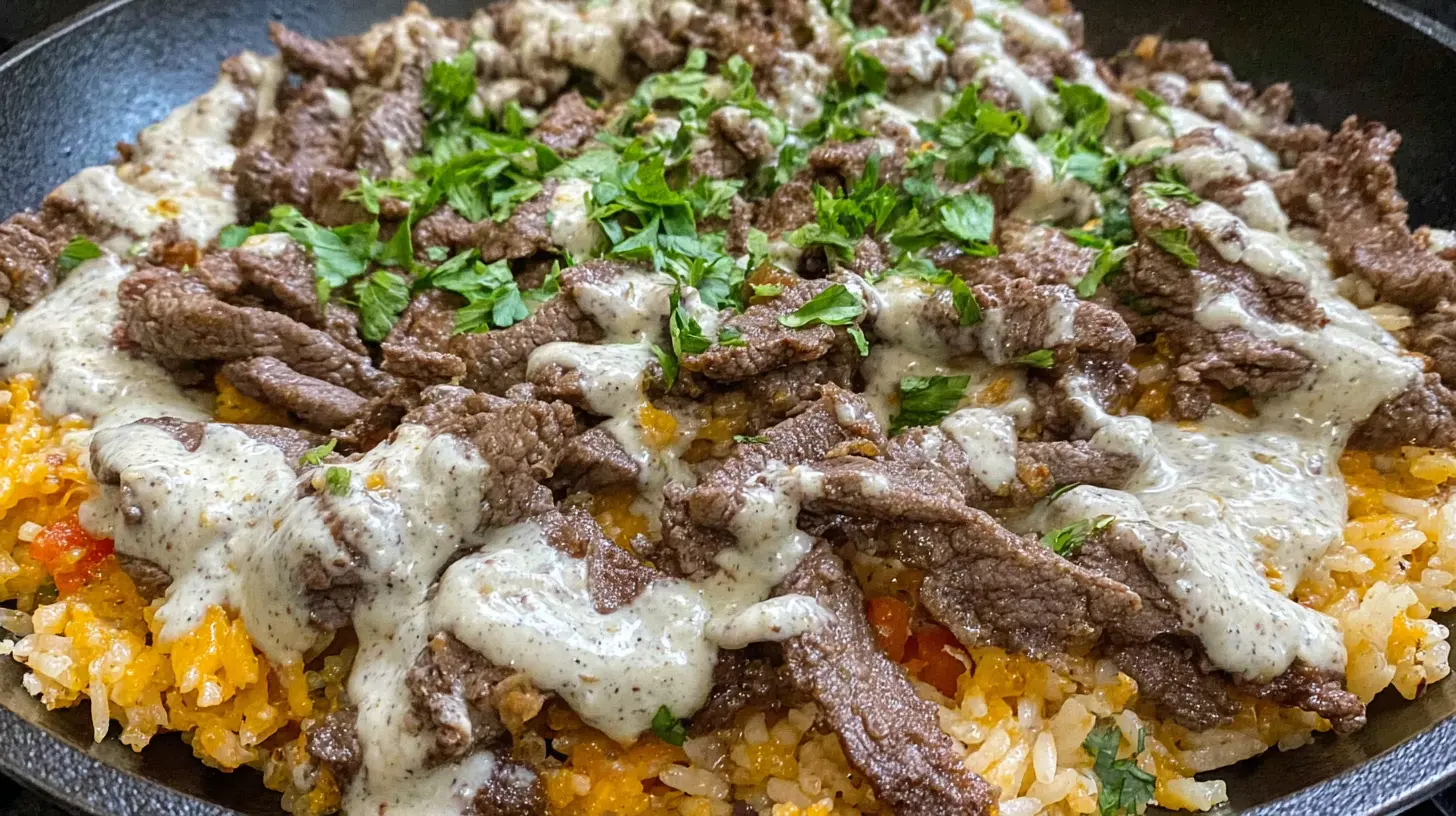 A close-up of a bowl of Steak and Cheese Rice, richly garnished.