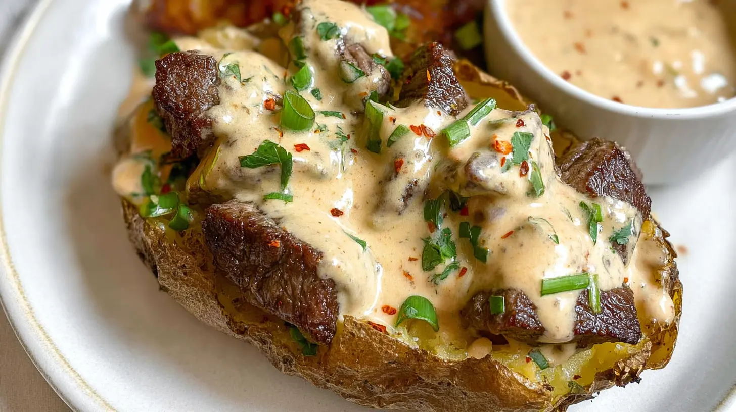Delicious baked potato generously layered with seasoned steak bites.