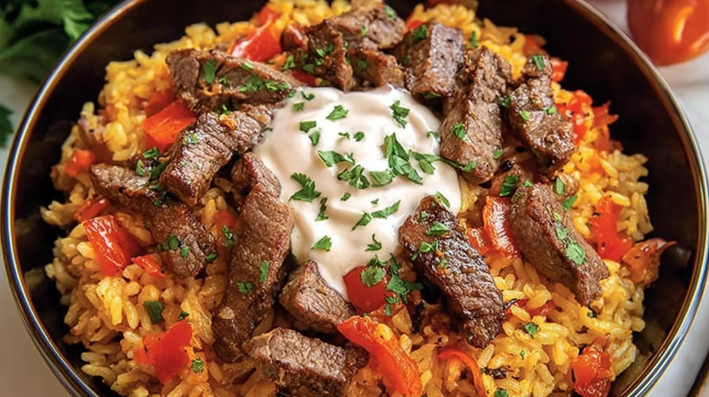 A serving of Steak Queso Rice on a plate, rich with melted cheese and tender steak