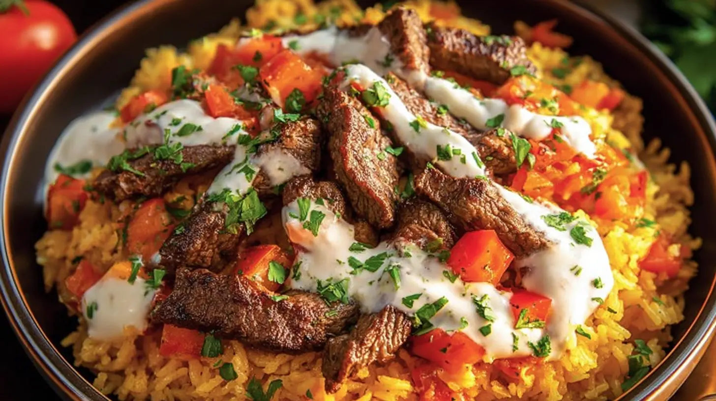 A flavorful cooked steak queso rice dish, ready to be served.