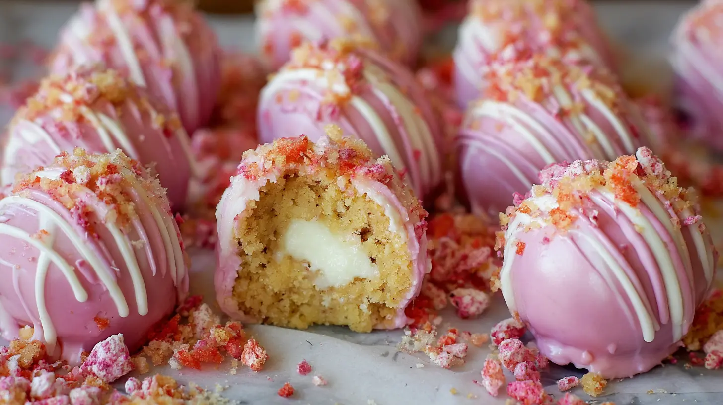 Strawberry cheesecake truffle balls dusted with powdered sugar