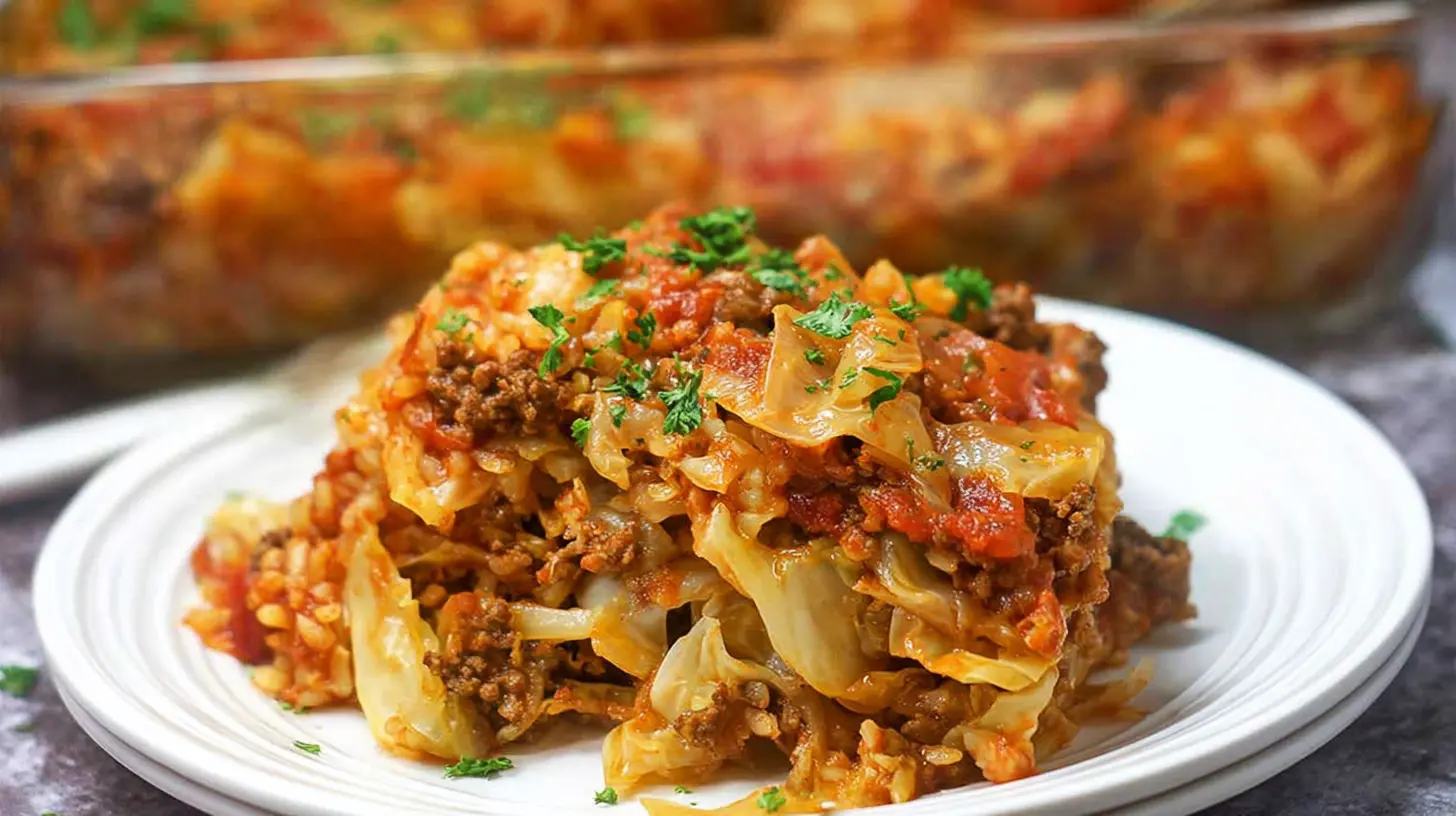 A large casserole dish filled with baked stuffed cabbage roll casserole