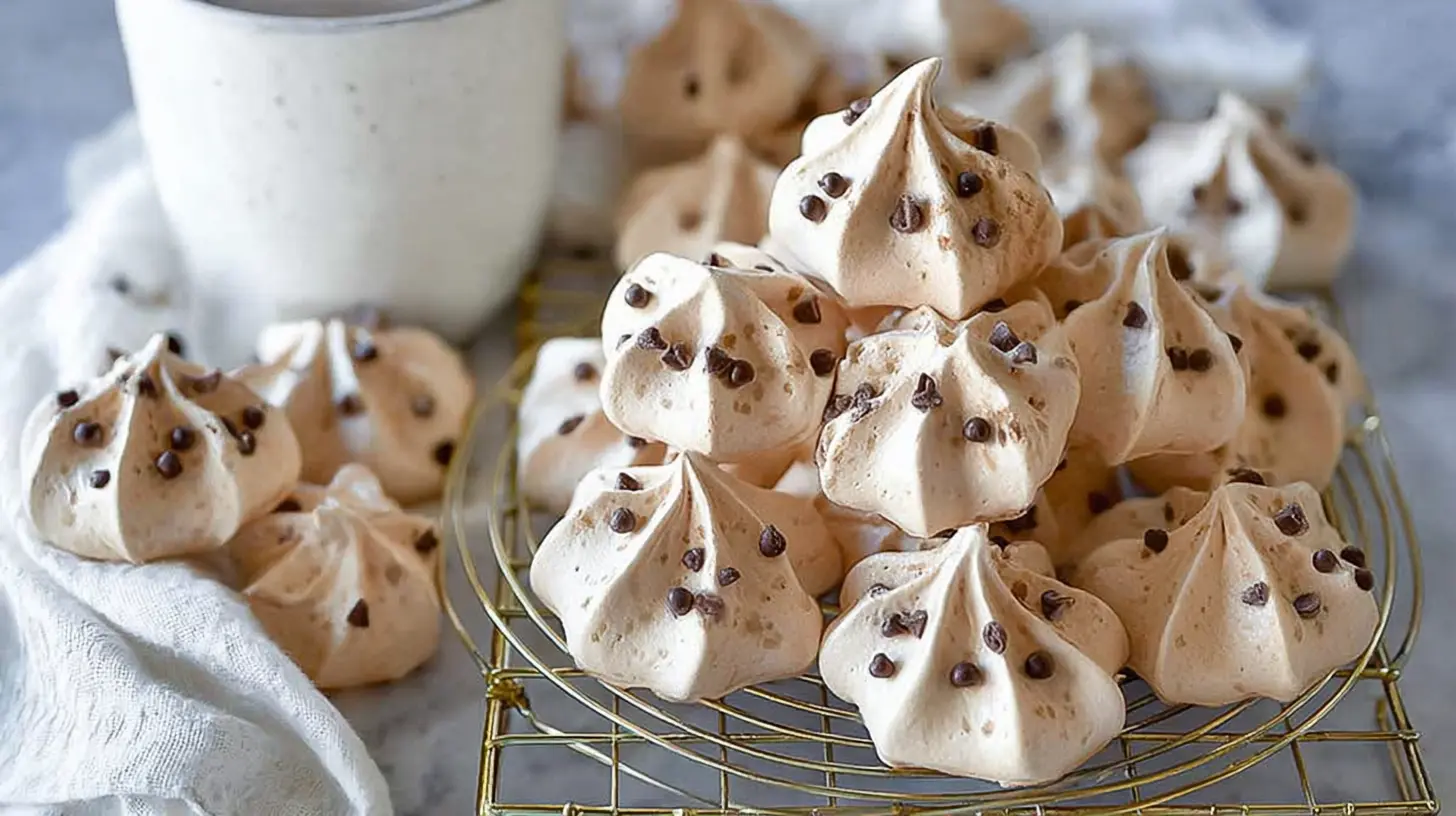 Several light and airy chocolate meringue cookies arranged artfully on a serving dish.