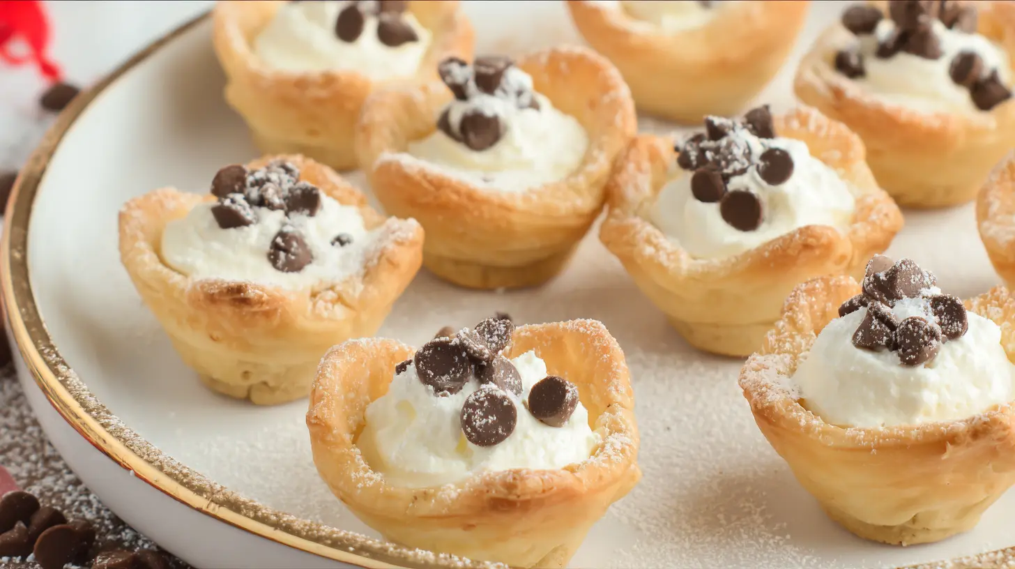 Various mini cannoli cups with different toppings arranged on a platter