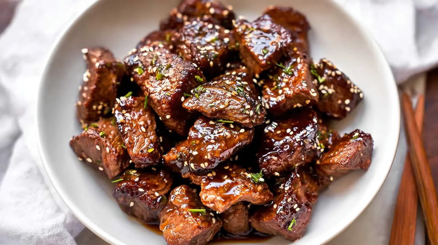 A close-up of sweet and sticky steak bites drizzled with glaze.