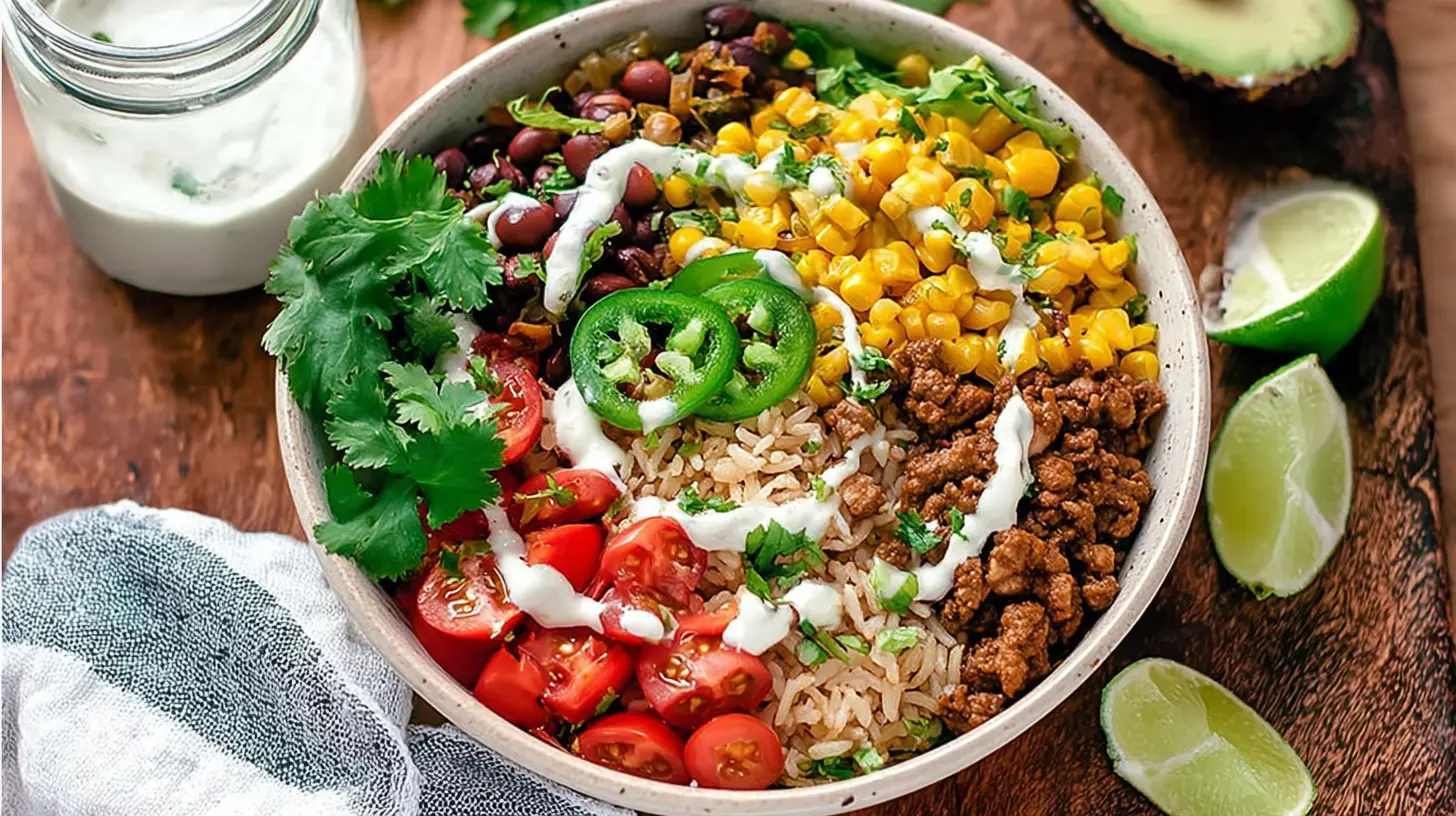 A vibrant taco rice bowl with seasoned ground beef, rice, and fresh toppings