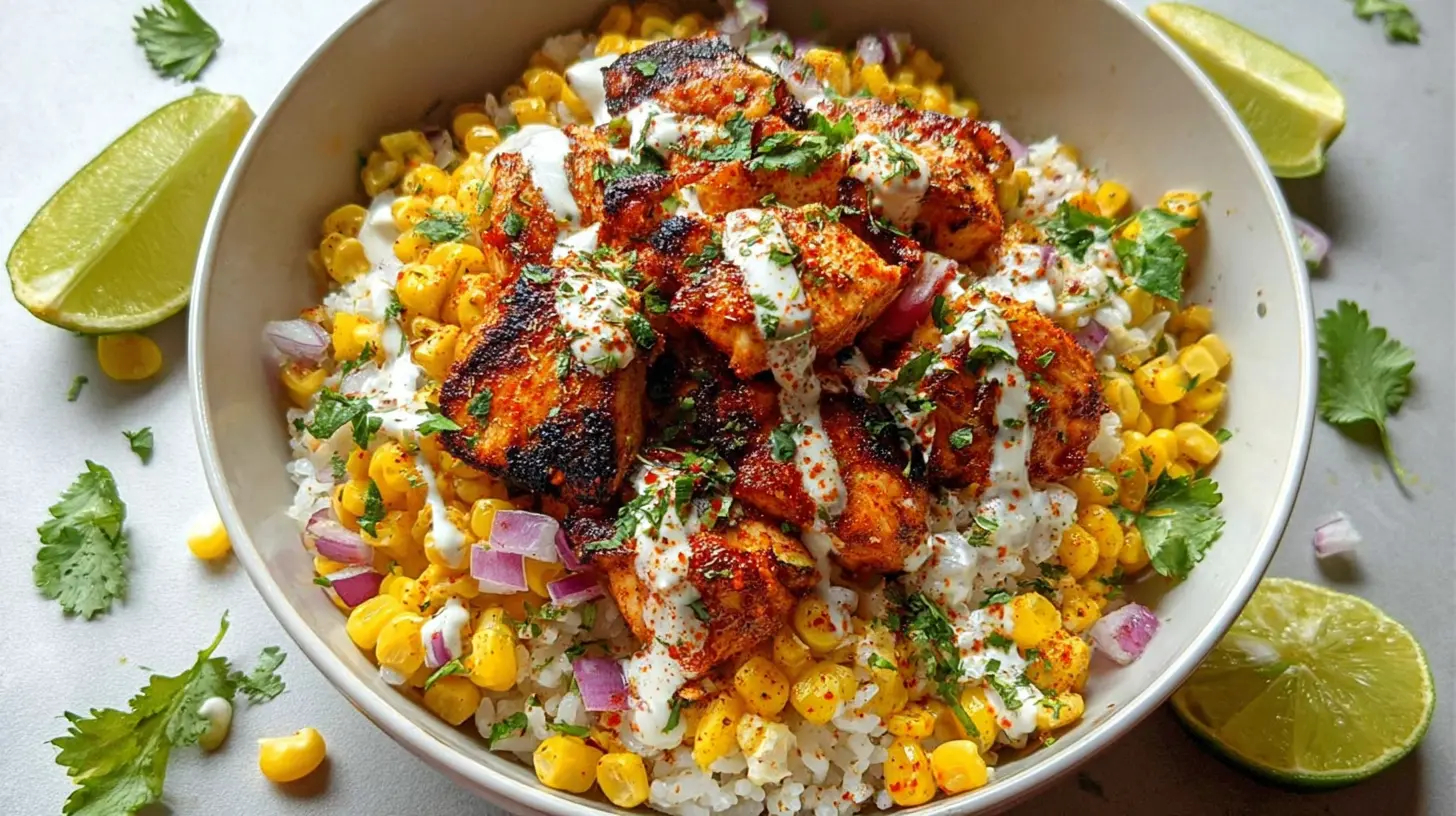 A delicious street corn chicken bowl topped with fresh ingredients.