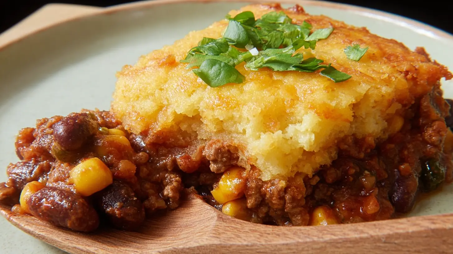 Classic Texas Tamale Pie in a baking dish, ready to be served.