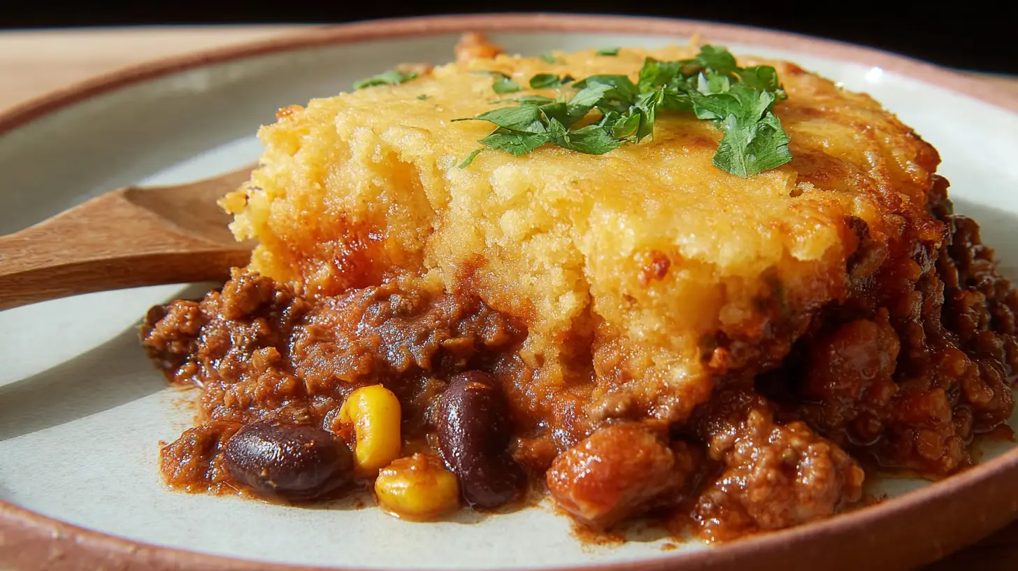A savory Texas Tamale Pie cooked to perfection, showcasing its golden crust.