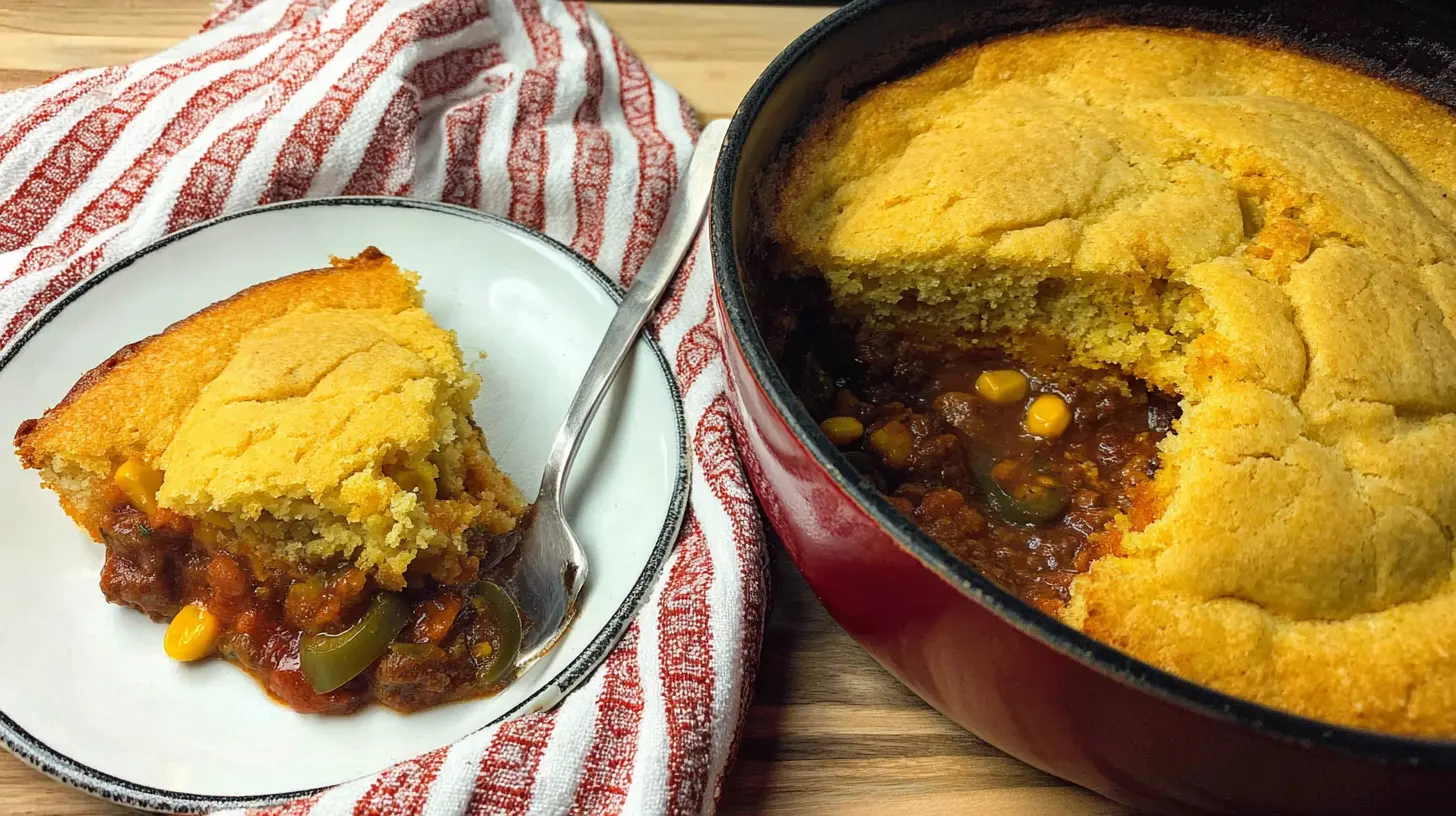A delicious Texas Tamale Pie, fresh from the oven, served on a rustic dish
