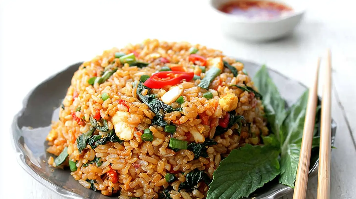 A vibrant plate of Thai fried rice with mixed vegetables and shrimp