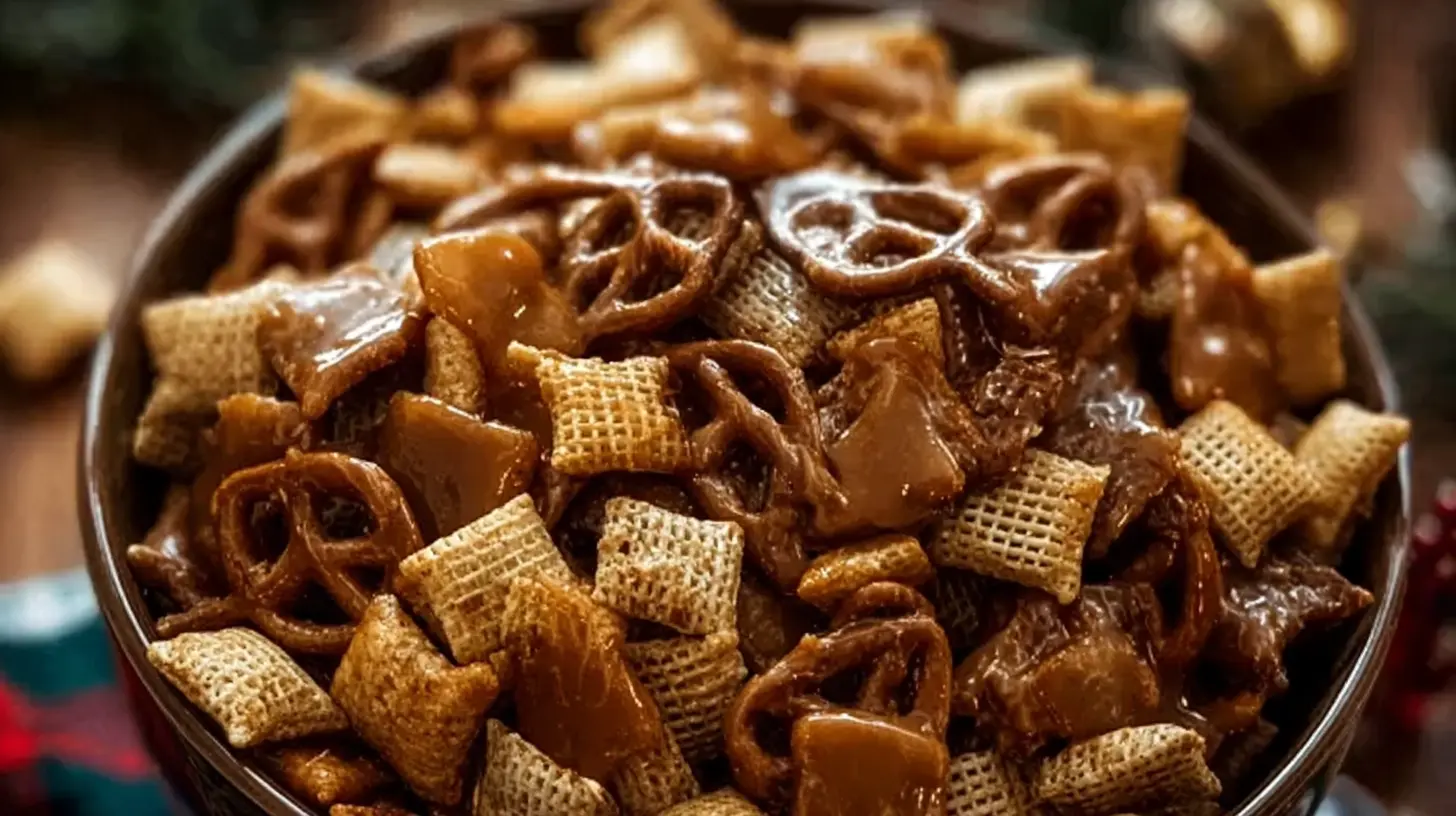 A close-up of a bowl filled with Toffee Chex Mix, featuring golden Chex cereal pieces coated in toffee.