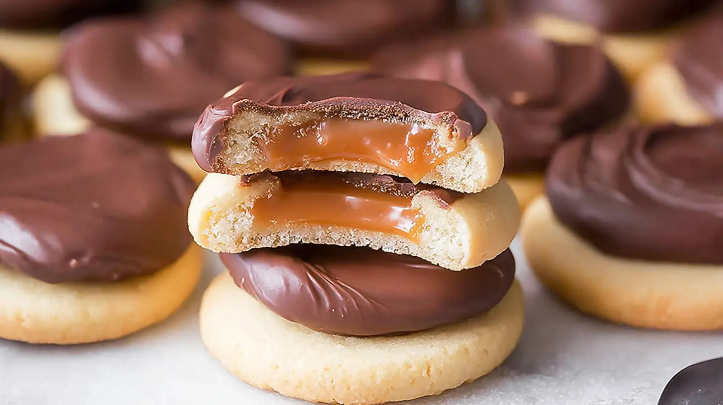 Cookies resembling Twix bars with a shortbread base, caramel, and chocolate
