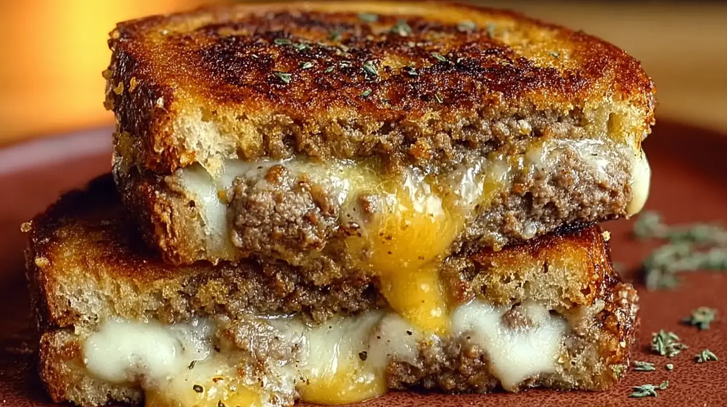 A close-up of an ultimate cheesy ground beef melt, showcasing melted cheese and savory beef.