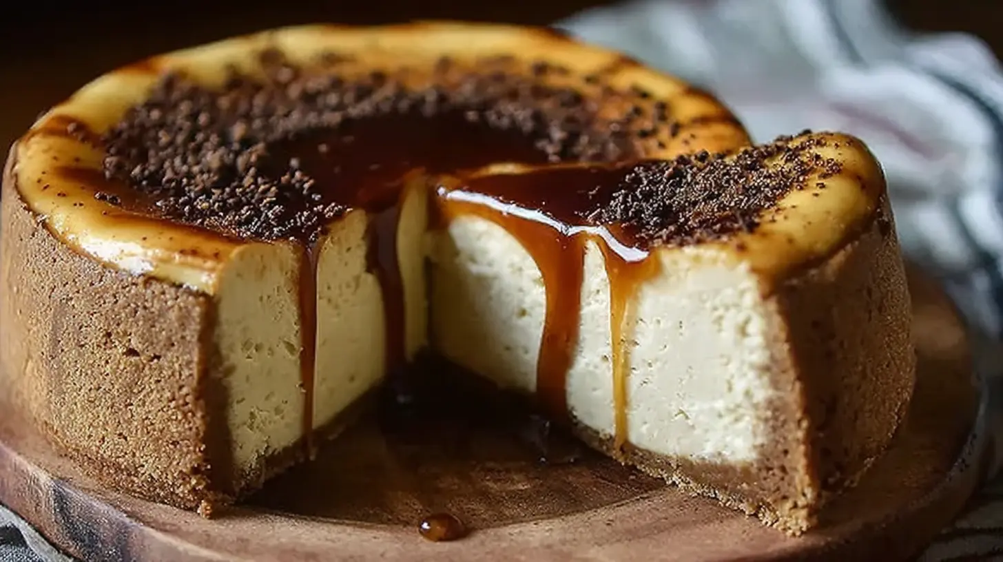 A close-up of a slice of creamy vanilla bean brown butter cheesecake.