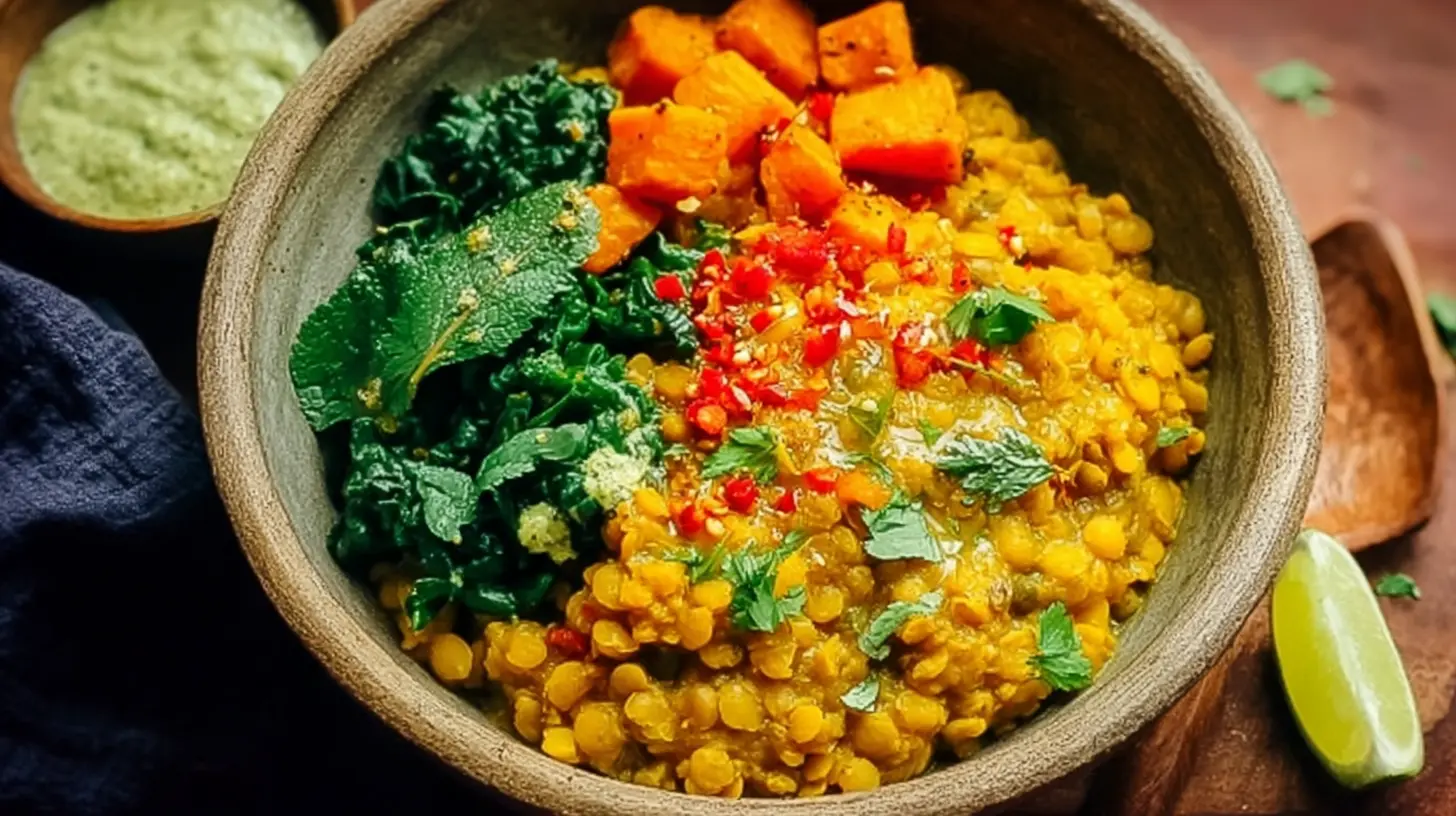 A vibrant vegan curried lentil bowl, garnished with fresh herbs and spices.