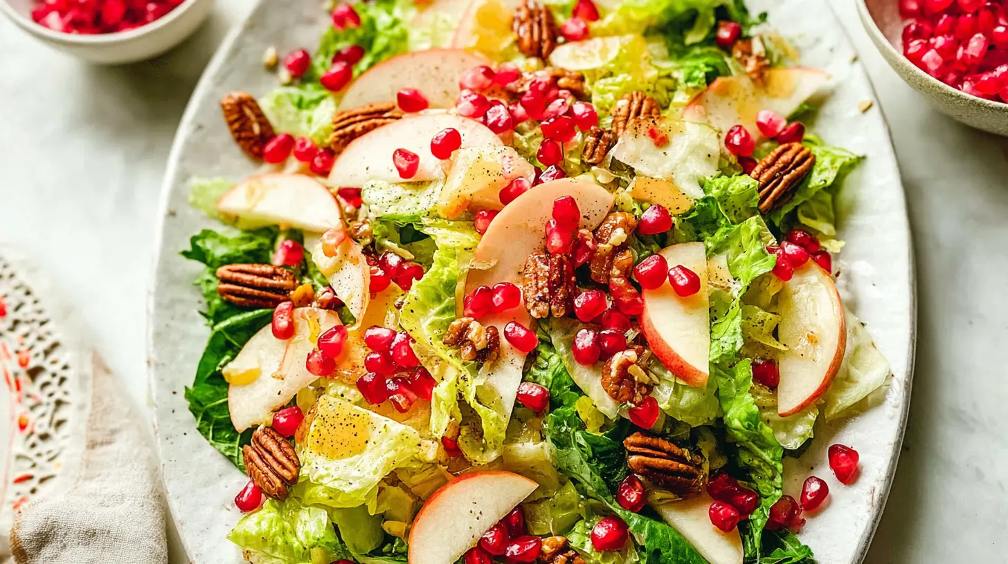 A bowl of colorful pomegranate salad with various greens and toppings.
